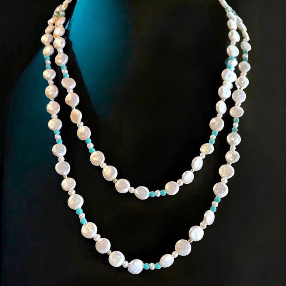 14K Gold Double Strand Coin Pearl Necklace Turquoise Beaded Layered Long Necklac